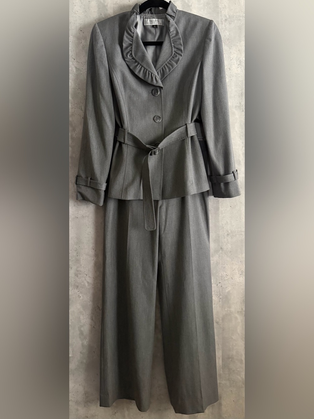 Tahati ASL Gray Tailored Pantsuit Belted Ruffle Blazer Business Career Work Sz6
